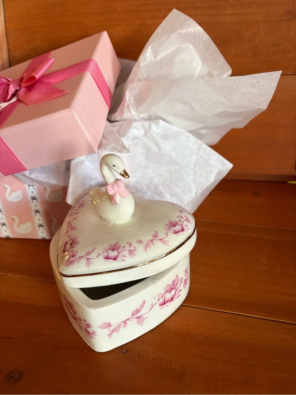 Porcelain Swan Heart Jewelry Trinket With Gift Box, Pink Floral Romantic Gift